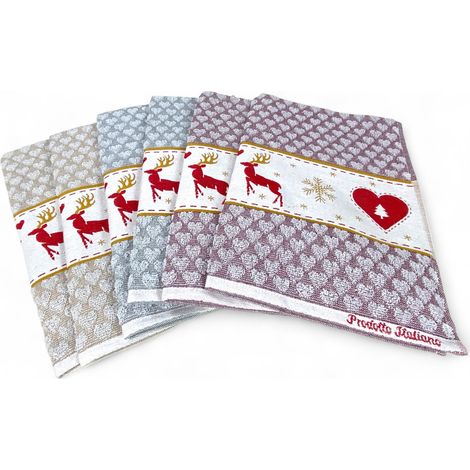 Strofinacci Cucina Cotone Jacquard Natale - Set 6 Pezzi 50x80 cm, Alta Assorbenza, 3 Colori Assortiti, Made in Italy