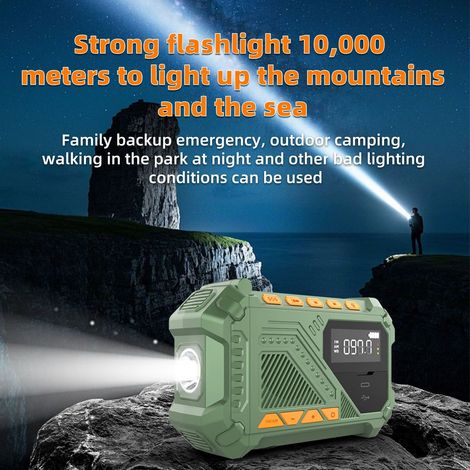 Radio de secours solaire multifonction : lampe torche, powerbank, chargeur manuel pour camping urgence,vert (1/5)