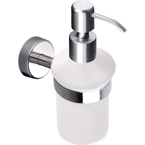 Distributeur de savon liquide avec support, verre dépoli, fixation murale, finition acier inoxydable poli (1/2)