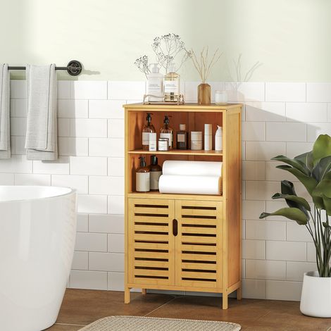 Badezimmerschrank aus Bambus mit 2 Lamellentüren und 2 Fächern, 50 x 29 x 92 cm, natur