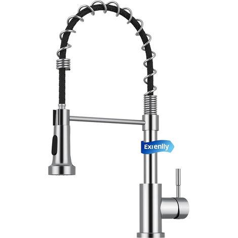 Robinet de Cuisine, Mitigeur de Cuisine Commercial à Ressort, Robinet à Simple Levier en Acier Inoxydable avec Bec Pivotant 360° et 2 Modes de Pulvérisation, Or Brossé