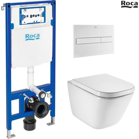 Bastidor ROCA DUPLO con cisterna empotrada y pulsador PL7 blanco mate con inodoro suspendido ROCA THE GAP con sistema rimless