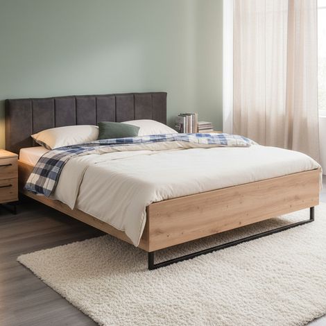Cama Matrimonial Busnago, Cama Matrimonial, Cabecera Tapizada, Colchón 180x200 cm, Roble Marrón con Nudos (1/5)