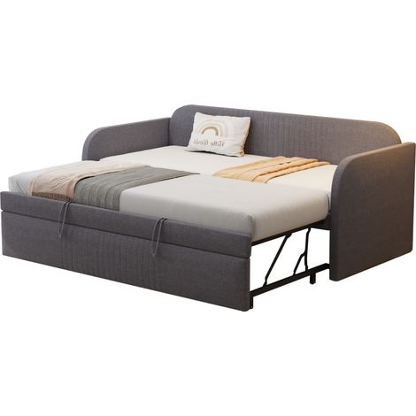 Canapé-lit convertible 90/180x190 cm en lin gris, cadre métal, sommier à lattes inclus (1/5)