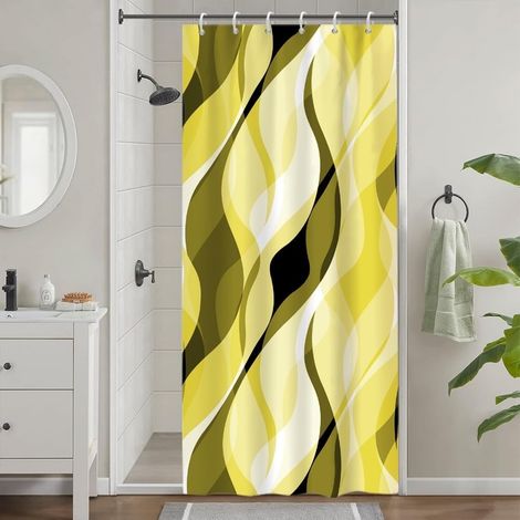 Rideau Douche Étroit, Rideau de Douche Cabine Anti Moisissure Jaune Abstrait Rayures Vert Kaki Rayé Rideaux de Baignoire Tissu Imperméable Lavable Rideaux de Bain avec 6 Crochets 90x180cm