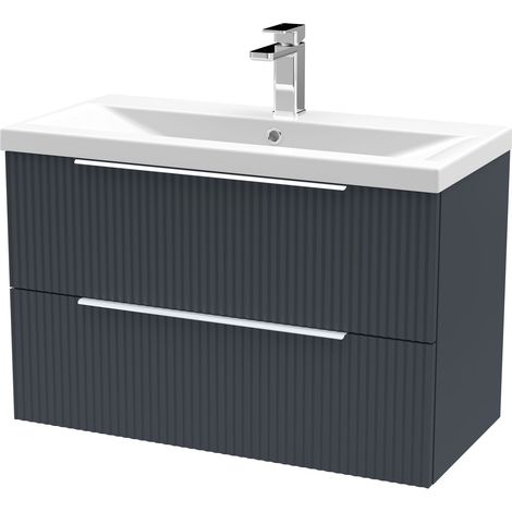 Fluted Front Wall Hung 2-Drawer Bathroom Vanity Unit with 1 Tap Hole Basin, 800mm, Satin Dark Grey, Chrome Handles (1/4)