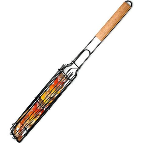 Cesta de barbacoa de acero inoxidable de 49 cm de largo, cesta para perritos calientes, juego de cestas para barbacoa, cesta para brochetas para asar verduras, mariscos y carne. (1/4)