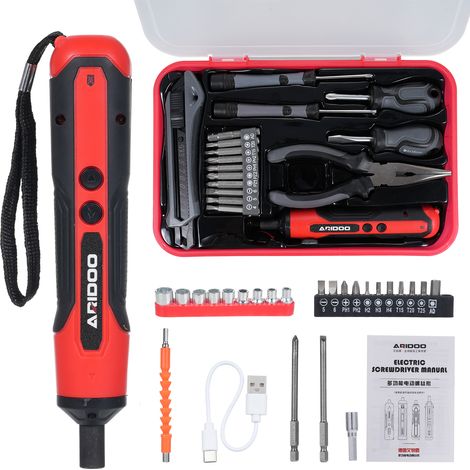 Lot tournevis électrique sans fil aimanté puissant, fort centrage éclairage LED, rotation avant arrière 1 touche, boîtier ABS noir rouge 16.5cm, pour maison élec jouets (1/5)