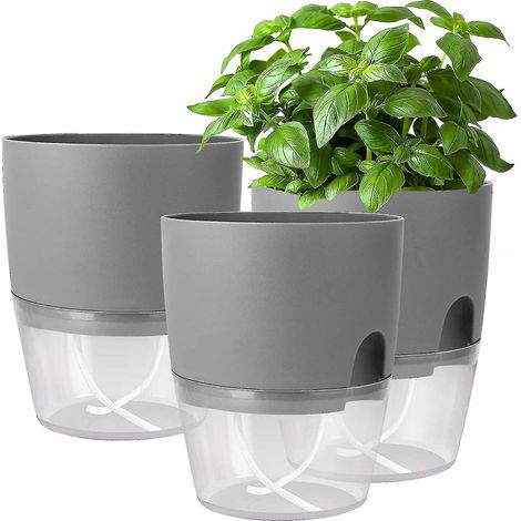 Ensemble de 3 pots à épices à poser sur le rebord de la fenêtre, avec système d'arrosage automatique, pour créer un petit jardin d'épices dans la cuisine. Dimensions : 18,2 x 11 x 15,3 cm (gris). (1/5)