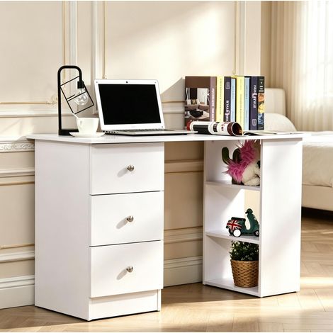 Weiße Schreibtisch mit 3 Schubladen und 2 Regalen aus MDF, 120 x 49 x 72 cm, OKWISH (1/5)