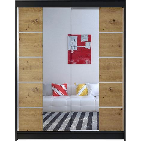 Armario Closico Vastor V, Negro + Roble Artisan, 200x150x58cm, Puertas de armario: Correderas, Número de estantes: 5
