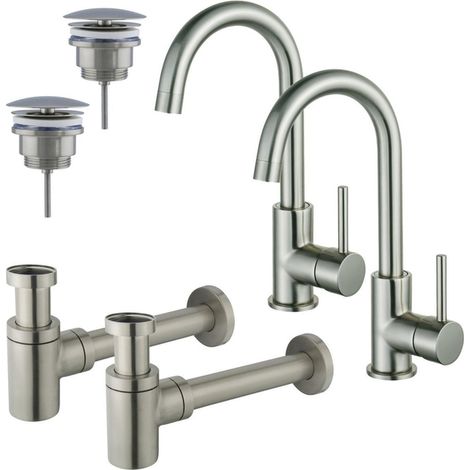 FugaFlow Eccelente Sobrado Kit robinet lavabo - pour double vasque - robinet haut - bec rotatif - bonde non-obturable - siphon design bas - Inox (1/4)