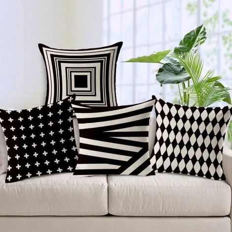 Housse de coussin géométrique en lin noir et blanc - Bureau et voiture - 45 x 45 cm (1/4)