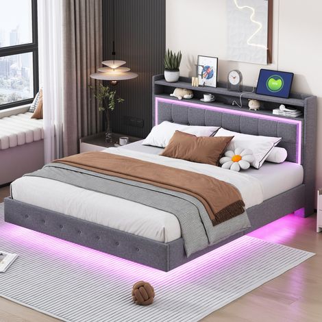 MEUBLIV Bett 160x200 cm grau – mit USB und LED, versteckte Füße, ohne Matratze (1/5)