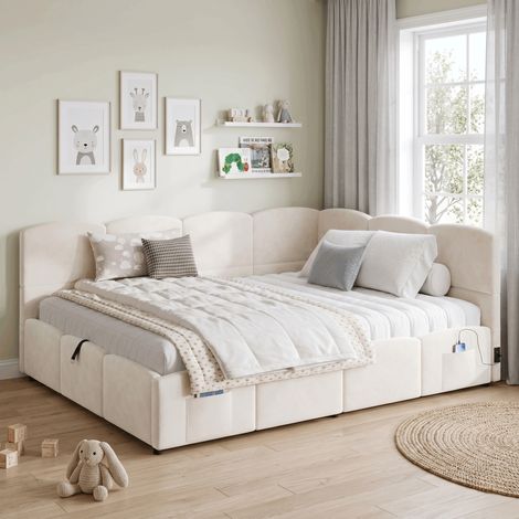 Lit banquette coffre rembourré 140x190 cm, rangement hydraulique, sommier à lattes, USB-A/USB-C, poches latérales, velours Beige (1/5)