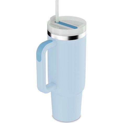 Gobelet isotherme 40 oz avec anse et paille, tasse réutilisable en acier inoxydable, gourde de voyage avec couvercle et pailles, verre à eau bleu, isolation sous vide (1/5)
