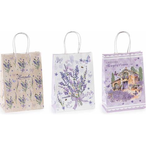 Sacchetti / buste in carta di dimensione media con decori lavanda, set da 36 pezzi, cm 18,5 x 9,5 x 25,5 H