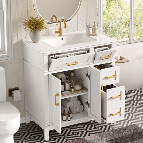 Meuble vasque avec armoire de rangement, lavabo céramique grand capacité, tiroirs coulissants soft-close et trop-plein pour salle de bain - 76cm Blanc