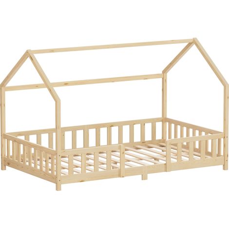 ML-Design Kinderbett Hausbett 120x200 cm mit Rausfallschutz, Dach & Lattenrost, Natur, Bettgestell aus massivem Kiefernholz, Montessori Bodenbett, Holzbett für Mädchen & Jungen, Jugendbett Doppelbett