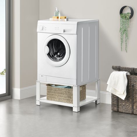 [En.Casa] – Socle avec étagère pour machine à laver 63 x 54 x 31 cm – Acier laqué blanc – Antidérapant – Charge 150 kg