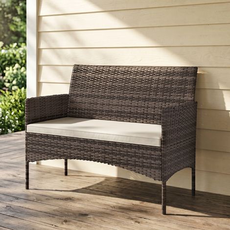 2-Sitzer-Gartensofa mit Kissen und rutschfesten Matten, aus Rattan und Stahl, 115 x 63 x 85 cm, Beige