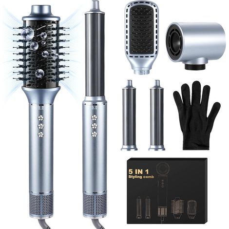 5-in-1 Airbrush-Haarstyler, 1400-W-Haartrockner mit Airbrush, Glättbürste und Lockenstab zum Trocknen, Locken und Glätten, für Damen, 200 Millionen negative Ionen – Grau (1/5)