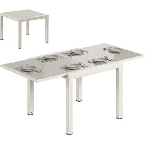 Tavolo da esterno estensibile in alluminio, piano in vetro temperato, bianco crema