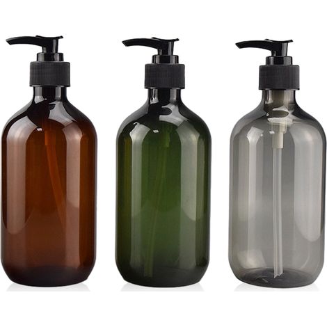 Lot de 3 distributeurs, plastique PET, pompe manuelle, flacons ronds, salle de bain cuisine bureau (1/5)