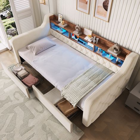 Letto imbottito 90x190 cm in velluto beige con LED, USB-C, cassetti e rete HAVRYA (1/5)