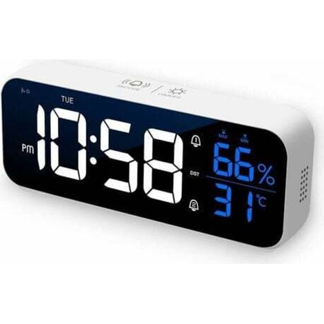 Tigrezy -Digitaler Wecker. LED-Digitalwecker mit Alarm-/Schlummer-/Temperatur-/Soundsteuerungsfunktionen. digitaler Wecker. 12/24-Stunden-USB-wiederaufladbarer Spiegel für Schlafzimmer. Büro. Weiß (1/3)
