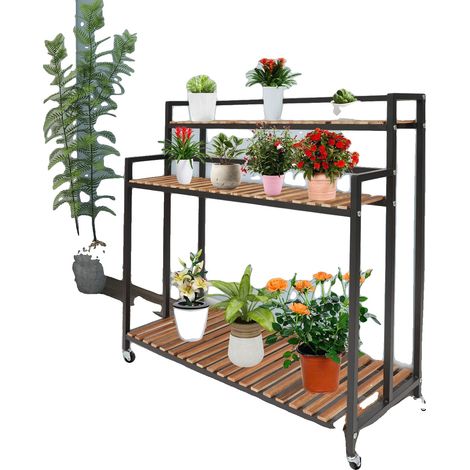 Support de plante, bois de pin et acier inoxydable, 3 niveaux, dimensions 10040102 cm, capacité de charge 40 kg par niveau, assemblage requis (1/5)