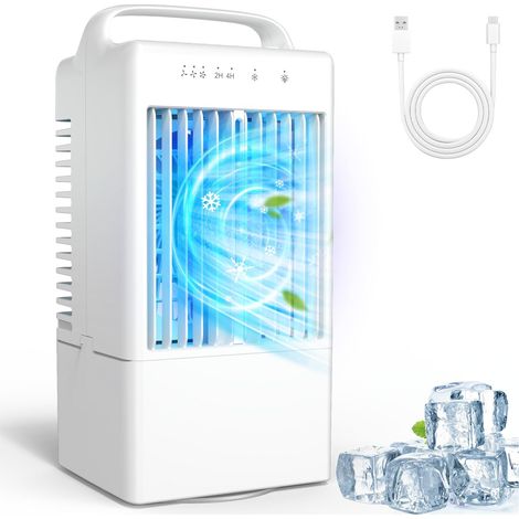Condizionatore d'aria portatile con mini ventilatore, raffrescatore evaporativo silenzioso, 3 velocità, timer 2/4h, 7 colori, per casa, camera, ufficio, esterni