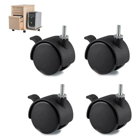 Lot de 4 roulettes pivotantes pour meubles, chaise de bureau, roues de rechange en plastique nylon avec frein, noir - Taille de la tige filetée, pour sols en bois dur en intérieur (1/2)