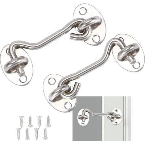 2 Stück, Türhakenverschluss, silberfarbenes Edelstahl-Türhakenschloss, mit Befestigungsschrauben, für Fenster, Scheunentore, Schuppentüren, Garagentore (7,5 cm)