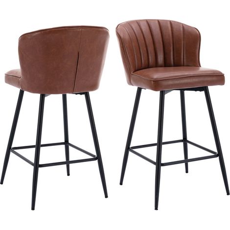 Wahson Taburetes altos Juego de 2, Moderna Taburetes de Bar de PU Cuero, Altas de Bar con Respaldo para Desayuno Retaurante, Marrón