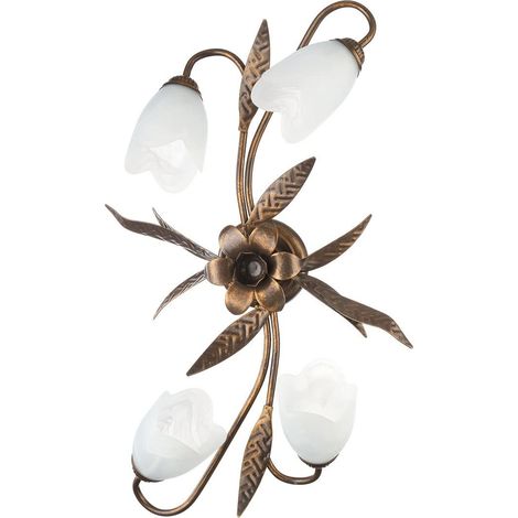 Plafonnier ovale 4 lumières en métal marron avec nuances dorées et verres blancs satinés (1/5)