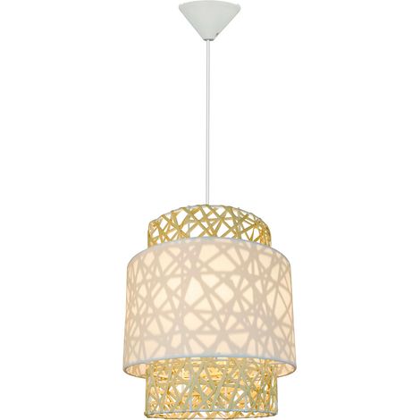 Eclairage plafond design Quito 160cm réglable rotin et tissu blanc compatible LED (1/4)