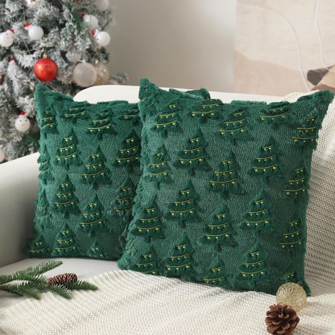 Lot de 2 housses de coussin pour sapin de Noël, décorations vertes, housse de coussin en fausse fourrure douce pour les vacances de Noël, 45 x 45 cm (1/5)