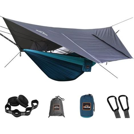 Camping-Hängematte mit Moskitonetz und Regenschutz, tragbare Doppelhängematte mit zwei Baumgurten, 210T Nylon-Hängematte und wasserdichte Plane im Set zum Wandern und Campen (1/5)