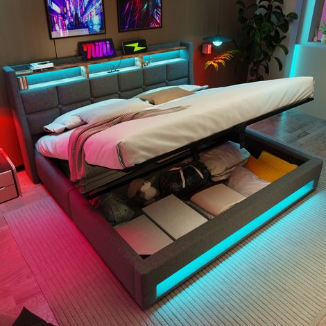 Upholstered Bed 180 x 200 cm with LED Lighting, USB Type-C Charging Function, Storage Headboard, 6FT Super King Size Storage Bed Frame with Metal Slatted Frame, Linen, Grey (No Mattress)