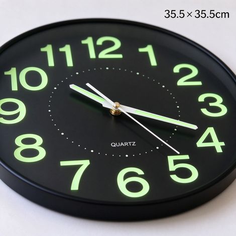 Horloge murale CL001-14, bordure noire, fond noir, chiffres luminescents, dimensions 35,5 × 35,5 cm (1/2)