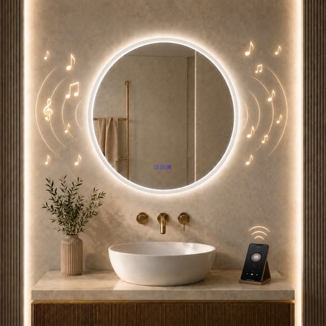 MAERTS-E 600mm Illuminated Round Bluetooth Bathroom Mirror Speaker 3 Colour Dimmable Demister (1/5)