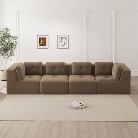 Canapé d’angle modulaire en velours côtelé marron, sans montage, assise basse et accoudoirs larges (1/5)