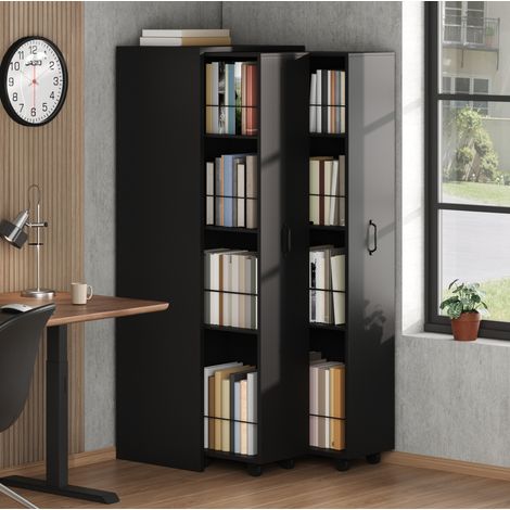 Bibliothèque extensible à roulettes 4 niveaux, MDF noir, rangement salon cuisine salle de bain (1/5)