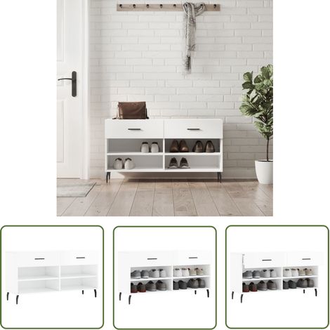 The Living Store Banc à chaussures blanc brillant 102x35x55 cm bois d'ingénierie - Meuble Range Chaussure - Banc Chaussure - Rangement Chaussures - Meuble Entrée - Rangement Maison (1/5)