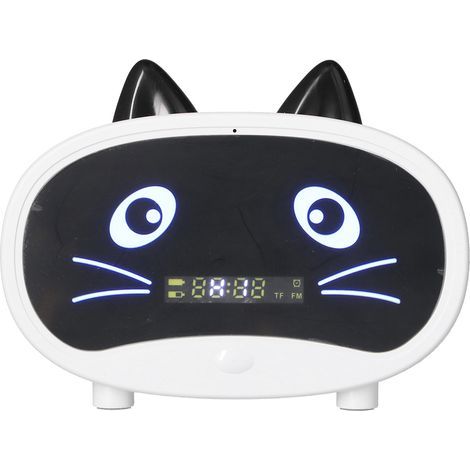 Mini enceinte multifonctionnelle à oreilles de chat mignonnes, double réveil, blanche, idéale pour la chambre ou le bureau. (1/5)