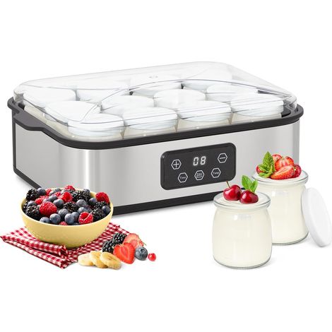 Yaourtière Électrique avec 12 x 180 ml Verre et Couvercles Minuterie et Température Réglables, Écran LCD, Acier Inoxydable, pour Yaourts Nature, Grecs et Aromatisés (1/5)