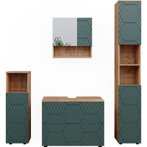 Ensemble de meubles de salle de bain Irma, Vert, 4 pièces, avec armoire à tiroirs et armoire haute, Vicco