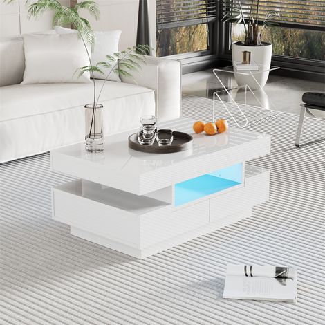 Table basse, finition brillante, avec LED, 4 tiroirs à l'avant et à l'arrière, grand espace de rangement 80x50x36cm, Blanc (1/5)