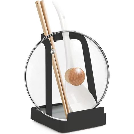 Porte-couvercles et porte-cuillères avec bac récupérateur amovible - Acier - Support pour couvercles de casseroles, spatules, planches à découper, livres de cuisine (Noir)